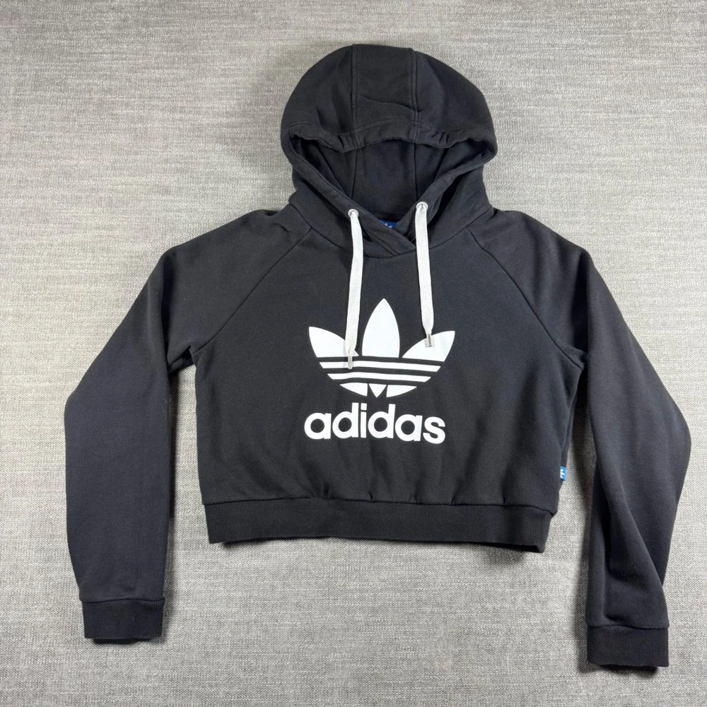 Adidas Originals Trefoil Cropped Hoodie Black White Women's Medium - Picture 1 of 11
